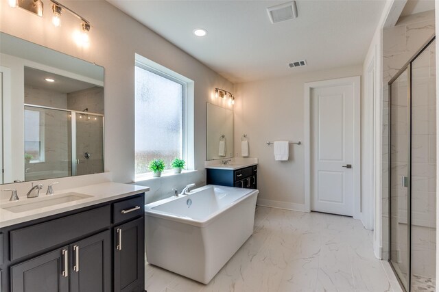 2313 Sandlin Dr, Fort Worth, TX 76008 - bathroom with two vanities, a shower stall, visible vents, marble finish floor, and a sink