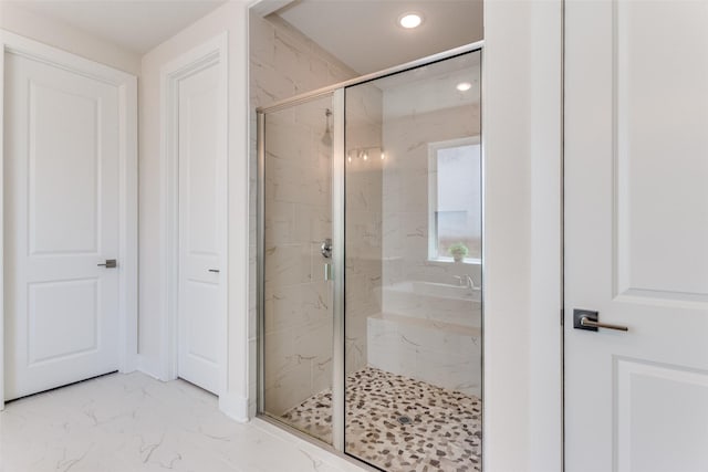2313 Sandlin Dr, Fort Worth, TX 76008 - bathroom with recessed lighting, marble finish floor, and a marble finish shower