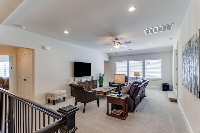 2313 Sandlin Dr, Fort Worth, TX 76008 - living area featuring ceiling fan, light colored carpet, visible vents, recessed lighting, and baseboards