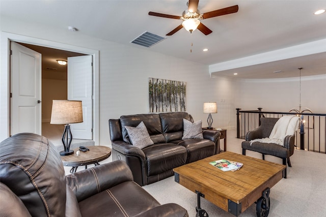 2313 Sandlin Dr, Fort Worth, TX 76008 - living area with light colored carpet, ceiling fan, visible vents, and recessed lighting