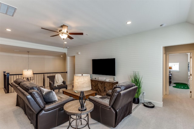 2313 Sandlin Dr, Fort Worth, TX 76008 - living room with ceiling fan, visible vents, recessed lighting, light carpet, and baseboards