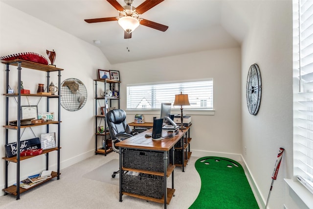 2313 Sandlin Dr, Fort Worth, TX 76008 - carpeted office space featuring baseboards, a ceiling fan, and vaulted ceiling
