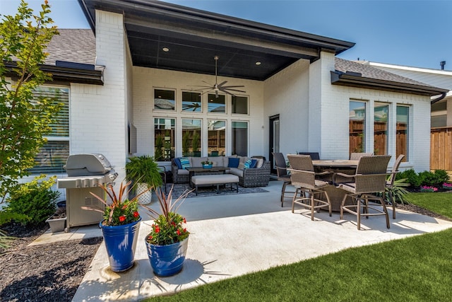 2313 Sandlin Dr, Fort Worth, TX 76008 - rear view of house featuring an outdoor living space, ceiling fan, a patio, brick siding, and outdoor dining space