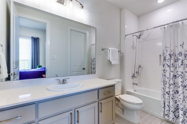 2313 Sandlin Dr, Fort Worth, TX 76008 - bathroom with toilet, vanity, and shower / bath combination with curtain