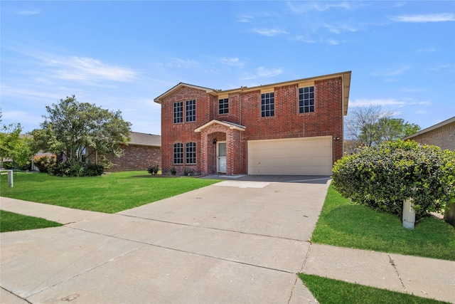 traditional-style house featuring concrete driveway, brick siding, an attached garage, and a front lawn