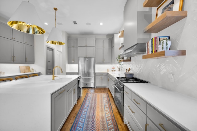 kitchen with open shelves, a sink, gray cabinetry, island exhaust hood, and stainless steel appliances