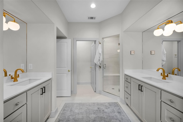 full bathroom featuring a stall shower, two vanities, a sink, and visible vents