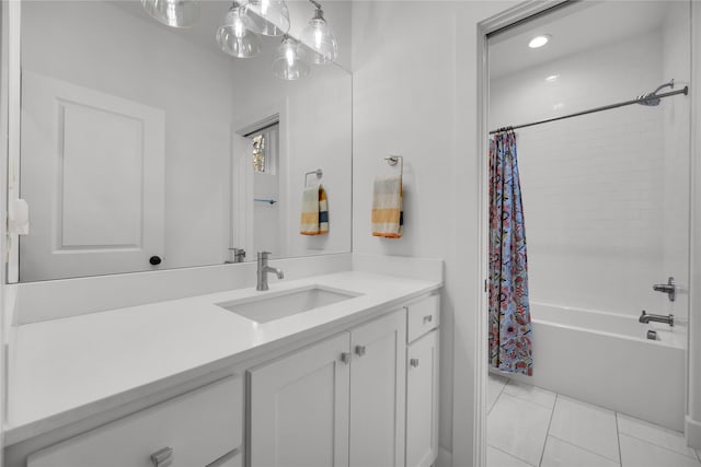 full bathroom featuring shower / tub combo, vanity, and recessed lighting