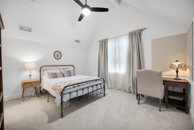 bedroom with ceiling fan, carpet flooring, lofted ceiling with beams, and visible vents