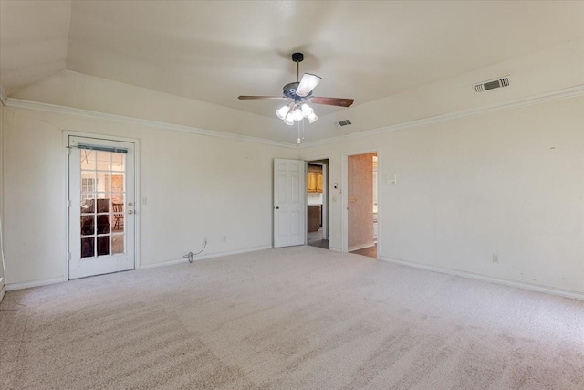 275 Salesville Rd, Mineral Wells, TX 76067 - empty room with visible vents, carpet floors, crown molding, baseboards, and ceiling fan