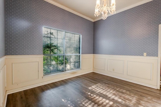 275 Salesville Rd, Mineral Wells, TX 76067 - empty room featuring wood finished floors, crown molding, a wainscoted wall, and a chandelier