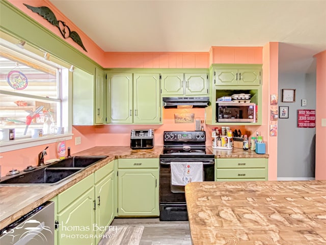 kitchen featuring stainless steel microwave, under cabinet range hood, light wood finished floors, a sink, and black electric range oven