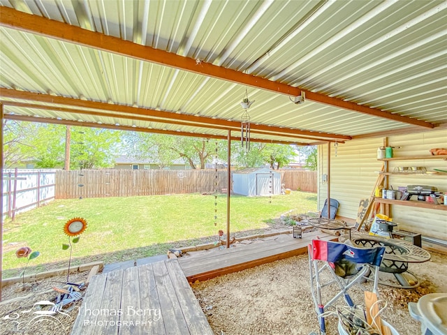 exterior space with an outbuilding, a shed, and a fenced backyard