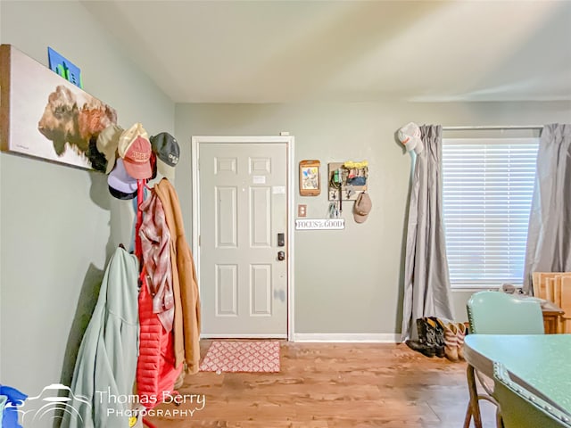foyer entrance featuring wood finished floors and baseboards