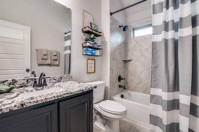 bathroom with shower / bath combination with curtain, vanity, and toilet