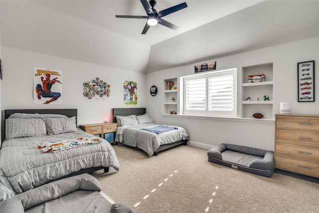 carpeted bedroom featuring a ceiling fan and lofted ceiling