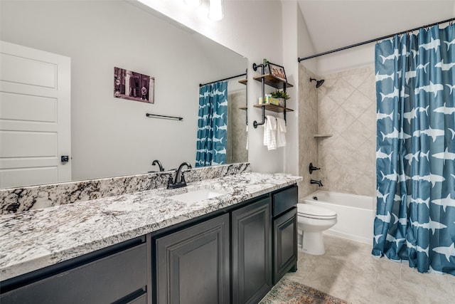 bathroom featuring shower / tub combo with curtain, vanity, and toilet