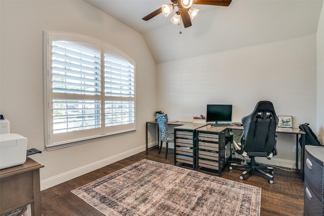 office space featuring wood finished floors, baseboards, vaulted ceiling, and ceiling fan
