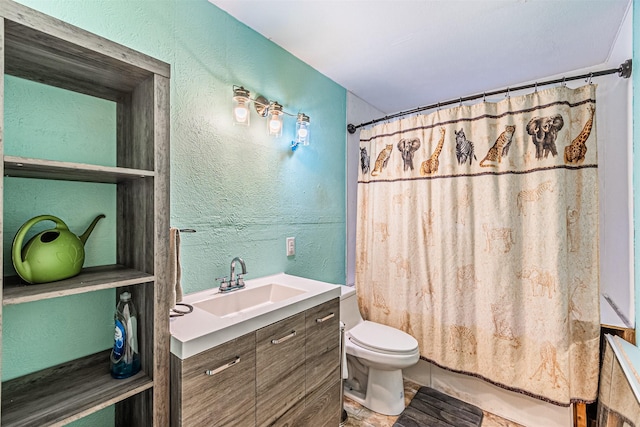 1206 John Reagan St, Benbrook, TX 76126 - full bathroom with a textured wall, toilet, vanity, and shower / bath combination with curtain