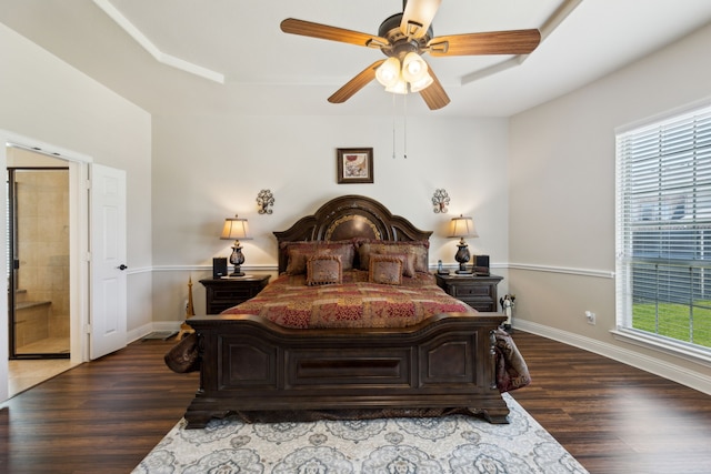 bedroom featuring a tray ceiling, dark wood-style floors, multiple windows, and baseboards