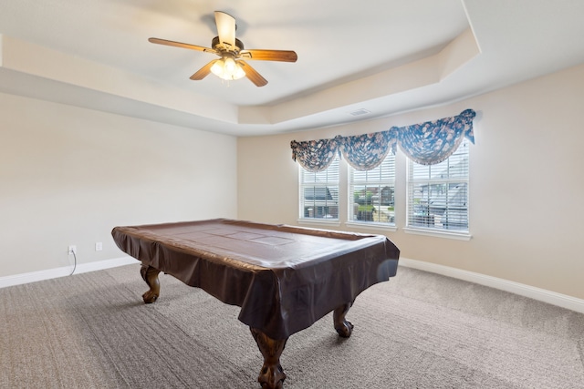 game room with a raised ceiling, pool table, carpet flooring, and baseboards