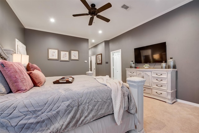 bedroom with light carpet, crown molding, visible vents, and recessed lighting
