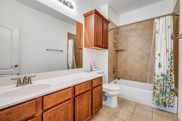 bathroom featuring toilet, tile patterned flooring, vanity, and shower / bathtub combination with curtain