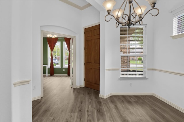 unfurnished dining area featuring an inviting chandelier, baseboards, plenty of natural light, and wood finished floors