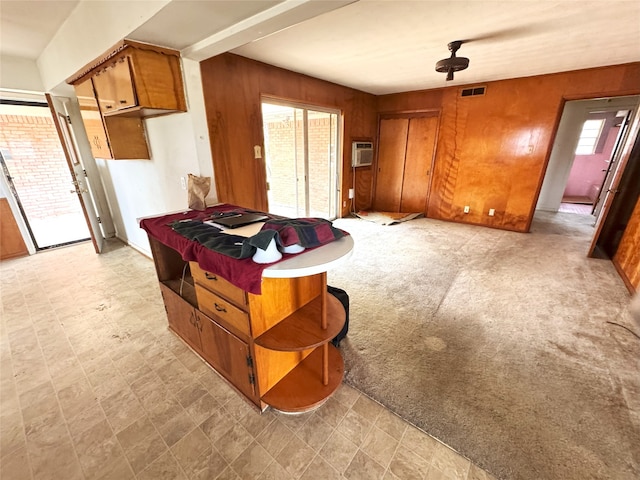 1905 Province Ln, Dallas, TX 75228 - interior space featuring visible vents, an AC wall unit, light floors, and wood walls