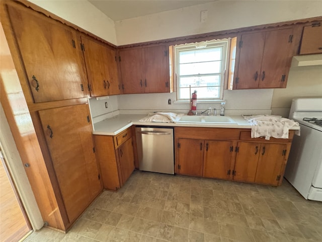 1905 Province Ln, Dallas, TX 75228 - kitchen with brown cabinets, dishwasher, range, and light countertops