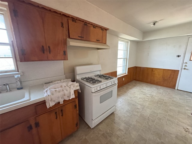 1905 Province Ln, Dallas, TX 75228 - kitchen with white gas range oven, a wainscoted wall, under cabinet range hood, light countertops, and a sink