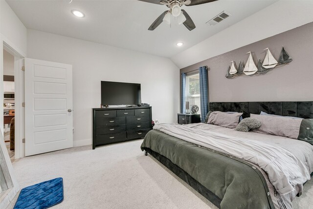 bedroom with ceiling fan, vaulted ceiling, visible vents, recessed lighting, and light carpet