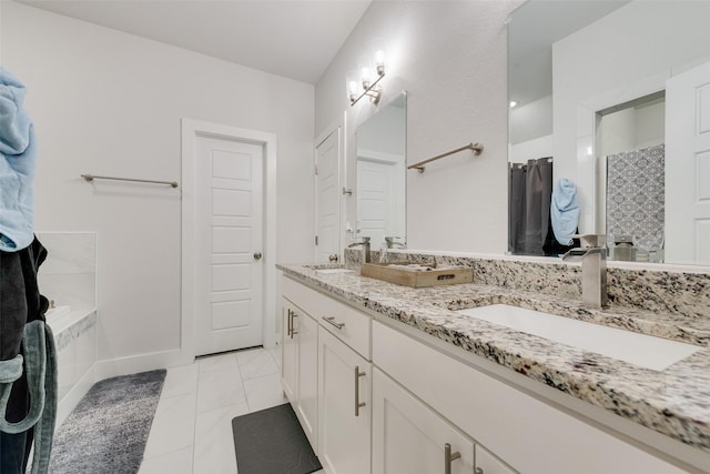 bathroom featuring a bathing tub, a shower with shower curtain, double vanity, and a sink