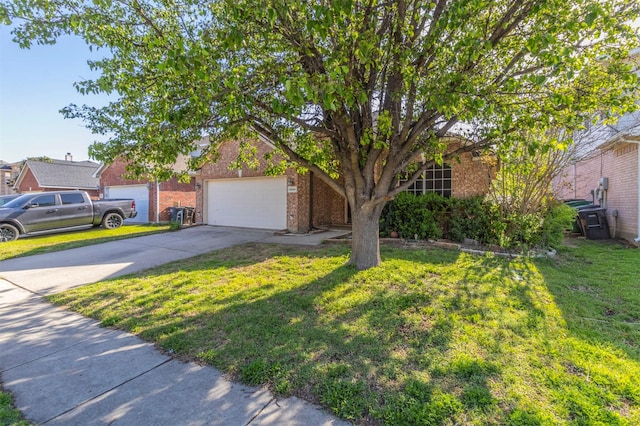 13640 Cherokee Ranch Rd, Fort Worth, TX 76262 - obstructed view of property featuring brick siding, driveway, a front lawn, and an attached garage