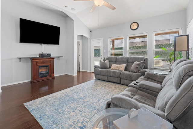 6517 Sierra Madre Dr, Fort Worth, TX 76179 - living area with arched walkways, a ceiling fan, baseboards, and wood finished floors