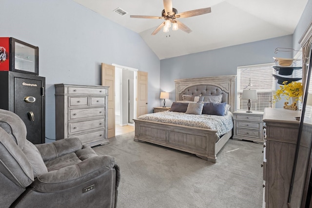 6517 Sierra Madre Dr, Fort Worth, TX 76179 - bedroom featuring visible vents, a ceiling fan, vaulted ceiling, and light carpet