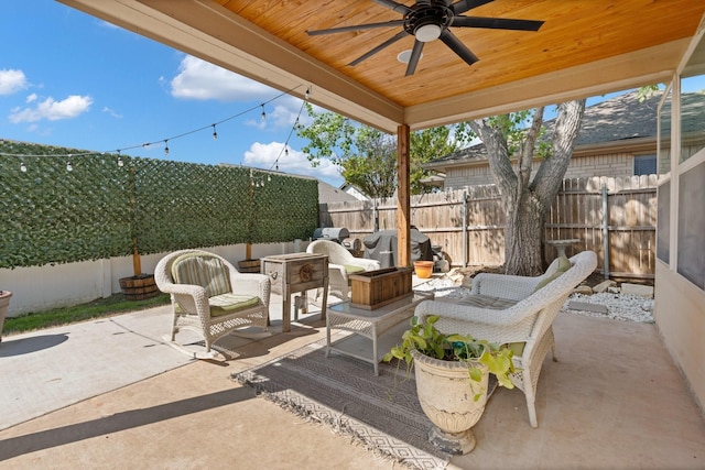 6517 Sierra Madre Dr, Fort Worth, TX 76179 - view of patio featuring a fenced backyard, ceiling fan, and outdoor lounge area