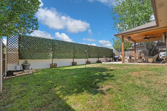 6517 Sierra Madre Dr, Fort Worth, TX 76179 - view of yard featuring a ceiling fan, a patio area, and a fenced backyard