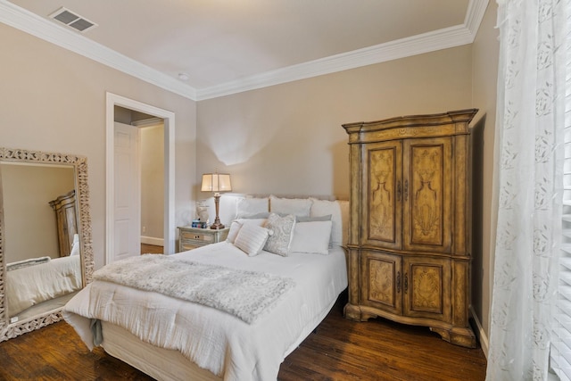 901 Moss Glen Dr, Prosper, TX 75078 - bedroom with baseboards, ornamental molding, visible vents, and dark wood-style floors
