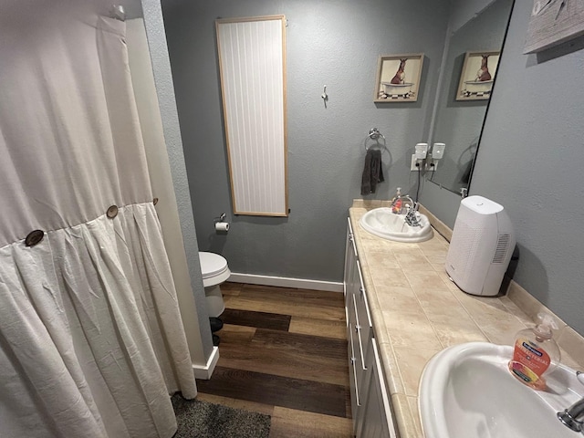 999 Hayden Hall Rd, Bells, TX 75414 - bathroom featuring double vanity, toilet, wood finished floors, and baseboards