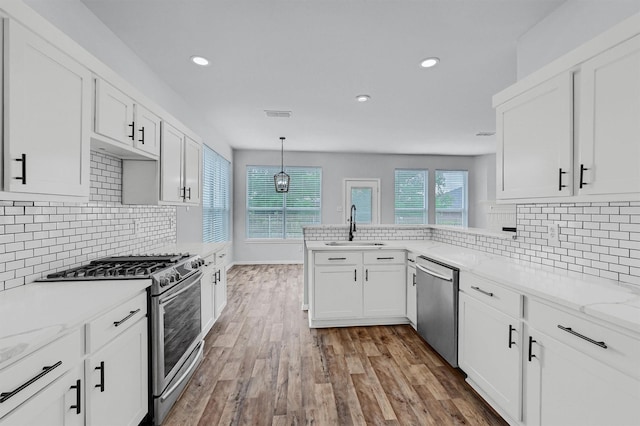 kitchen with a sink, white cabinets, appliances with stainless steel finishes, and wood finished floors