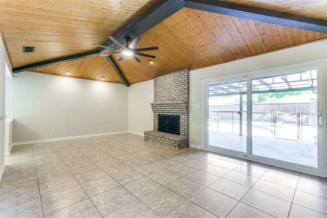 unfurnished living room with tile patterned flooring, visible vents, a ceiling fan, wood ceiling, and a fireplace