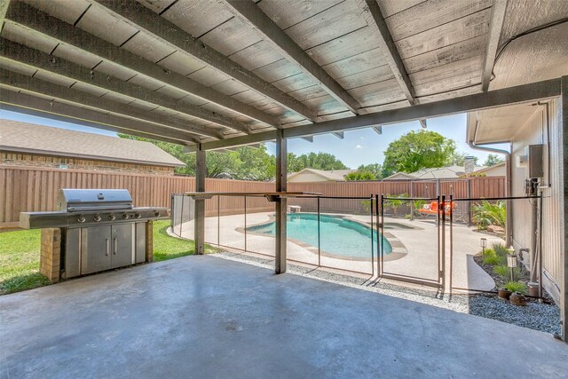 view of pool with a patio area, a fenced backyard, a diving board, a fenced in pool, and an in ground hot tub