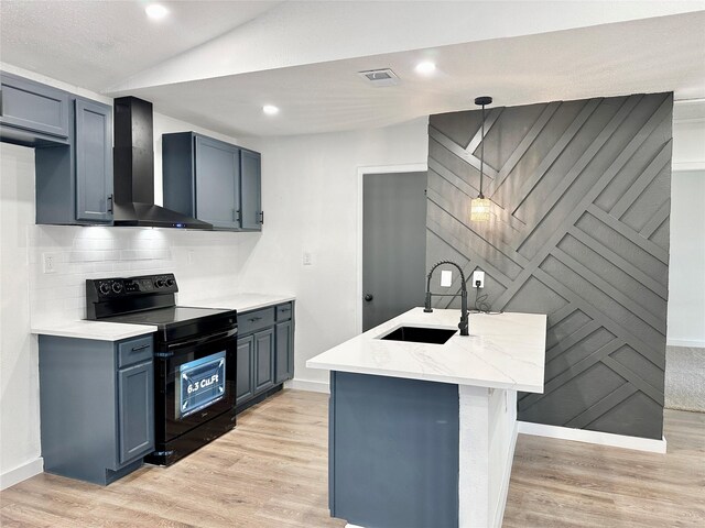 10035 Everton Pl, Dallas, TX 75217 - kitchen featuring light wood-style floors, wall chimney exhaust hood, visible vents, black electric range, and a sink