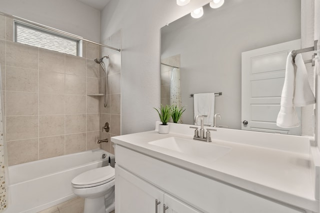 full bath with toilet, shower / bath combo, vanity, and tile patterned floors