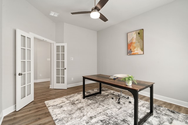home office with ceiling fan, french doors, baseboards, and wood finished floors