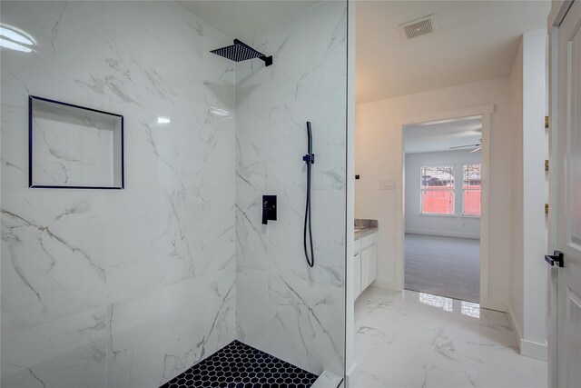 2023 Lake Trail Dr, Heartland, TX 75126 - full bathroom with a marble finish shower, visible vents, marble finish floor, and vanity