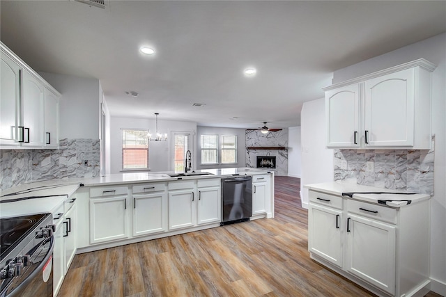 2023 Lake Trail Dr, Heartland, TX 75126 - kitchen featuring dishwasher, a sink, a high end fireplace, ceiling fan with notable chandelier, and range