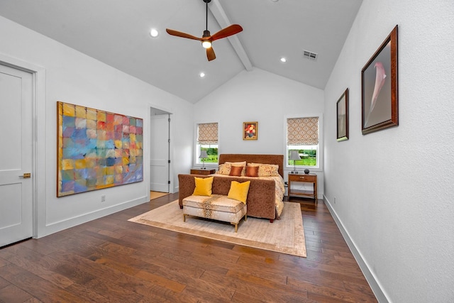 bedroom featuring visible vents, beam ceiling, hardwood / wood-style floors, high vaulted ceiling, and recessed lighting