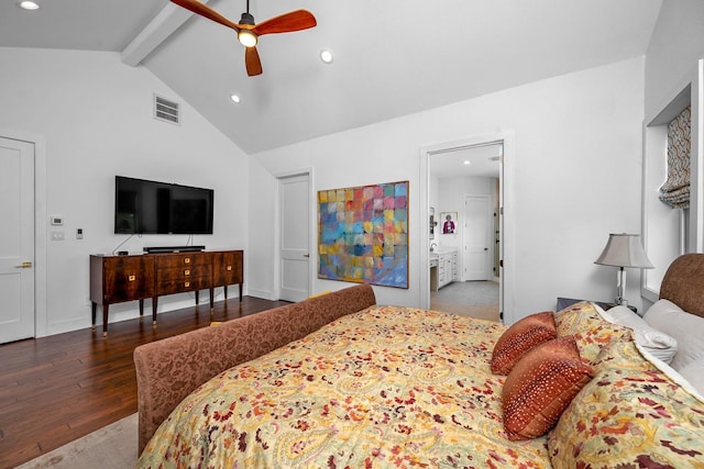 bedroom with beam ceiling, recessed lighting, wood finished floors, and visible vents